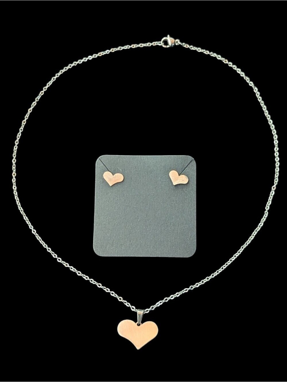 Silver toned Heart Pendant Necklace and Stud Earrings Set Stainless Steel Love